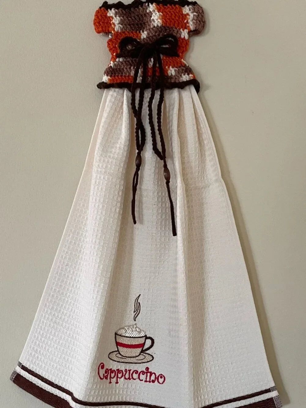 Crochet dress towel, Handmade gift for Farmhouse, Cappuccino Dish towel